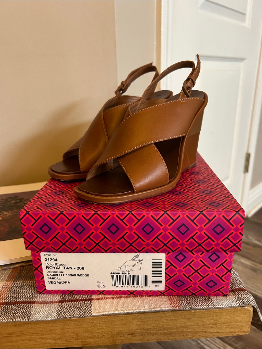 Tory Burch Royal Tan Crisscross Leather Wedge Sandals